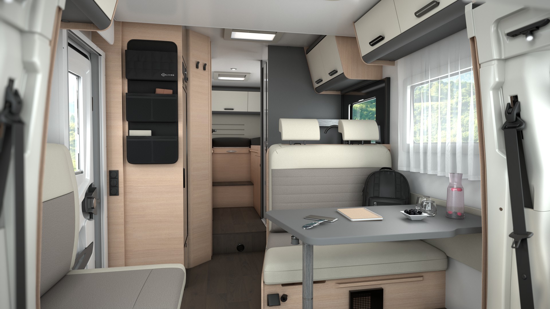 Interior de la Sun Living S 75 SL 20ED con tapicería exclusiva, salón y cocina